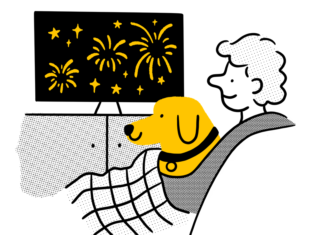 Graphic of a human and their dog on the sofa together watching fireworks on the tv