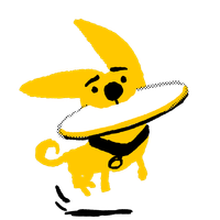Illustration of yellow dog jumping up with frisbee in their mouth