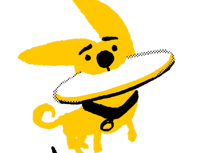 Illustration of yellow dog jumping up with frisbee in their mouth