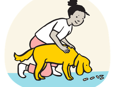 Illustration of owner resting hands on dogs shoulder blades whilst they eat treats off the floor.