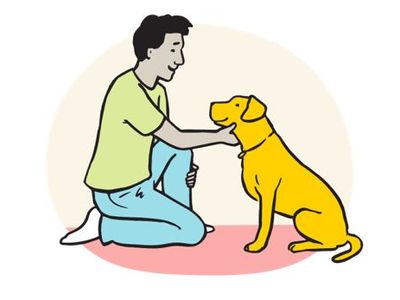 cartoon owner holding dog head and stroking top of head