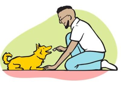 Cartoon owner giving a relaxed dog a treat