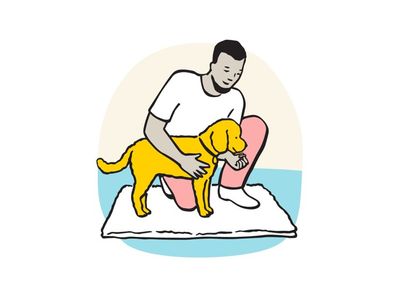 Illustration of owner having one hand on dogs side on mat, whilst giving a treat.