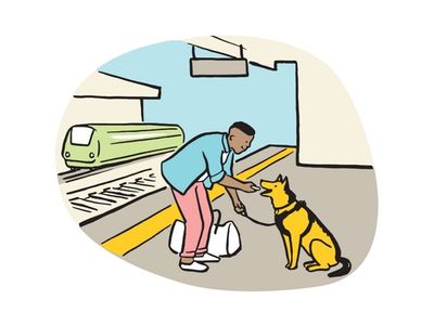 Illustration of owner giving dog treat on train platform.