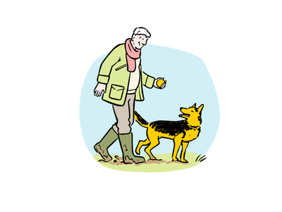 Illustration of a man on a muddy walk with his German Shepherd.