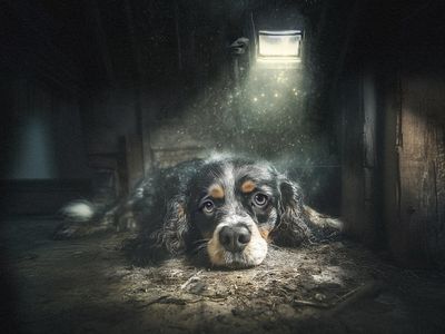 Dog lies in a barn with light streaming through the window