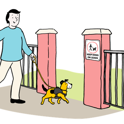 Illustration of a man walking their dog on a lead in a park