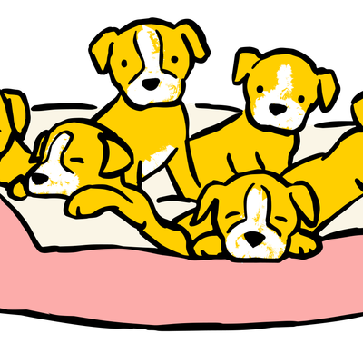 Illustration of a litter of puppies in a large dog bed