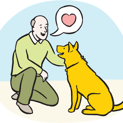 An illustration of a man crouching down and petting a dog
