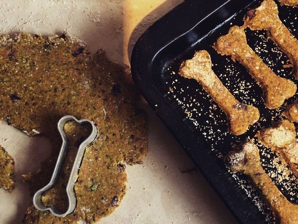 Homemade dog biscuits in the shape of a bone
