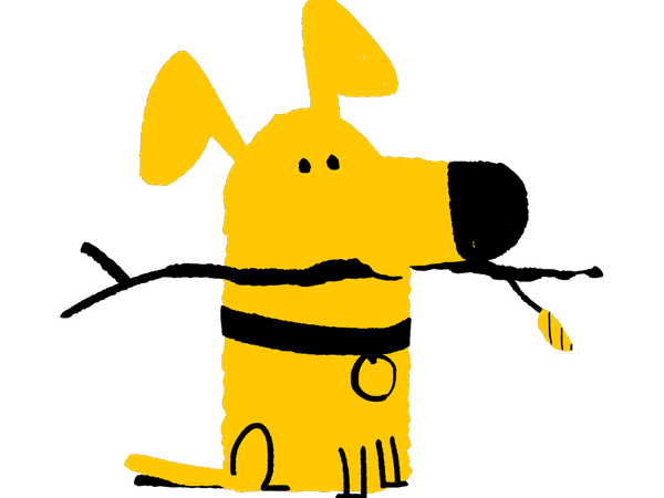 Illustration of yellow dog sitting with stick in their mouth
