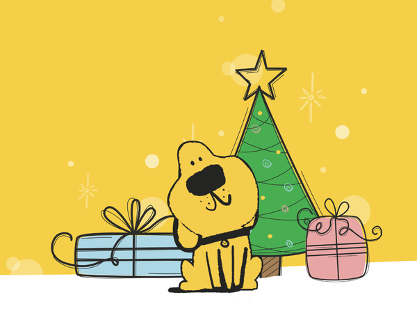 Illustration of a dog in front of a Christmas tree and presents