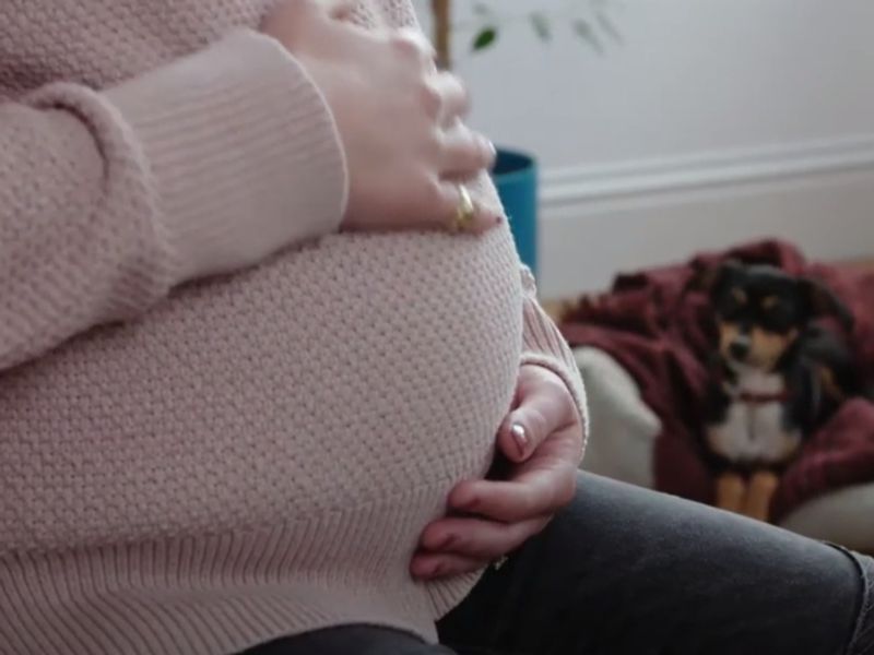 A pregnant lady in the foreground holds her belly while pet dog looks on 