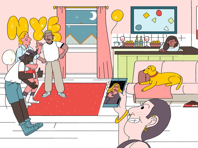 Illustration of dogs at a NYE party