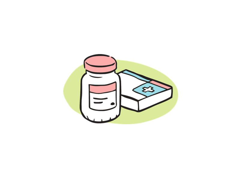 Illustration of medication in a white bottle with a pink lid and a blue packet.