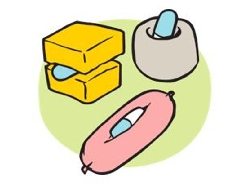 Illustration of how to hide pills in food like cheese, sausage and pill givers. 