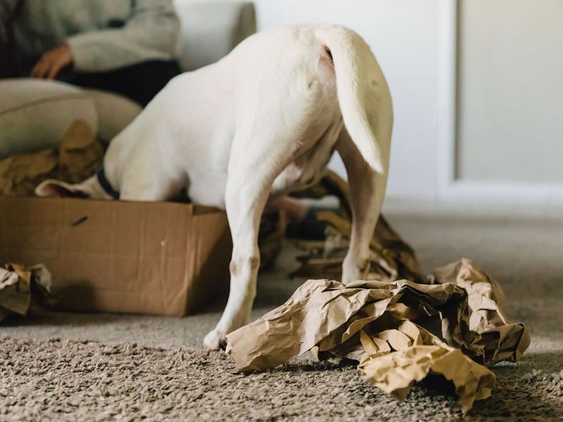 A Bull Terrier digging in a cardboard box which was given as enrichment by the owners at home.