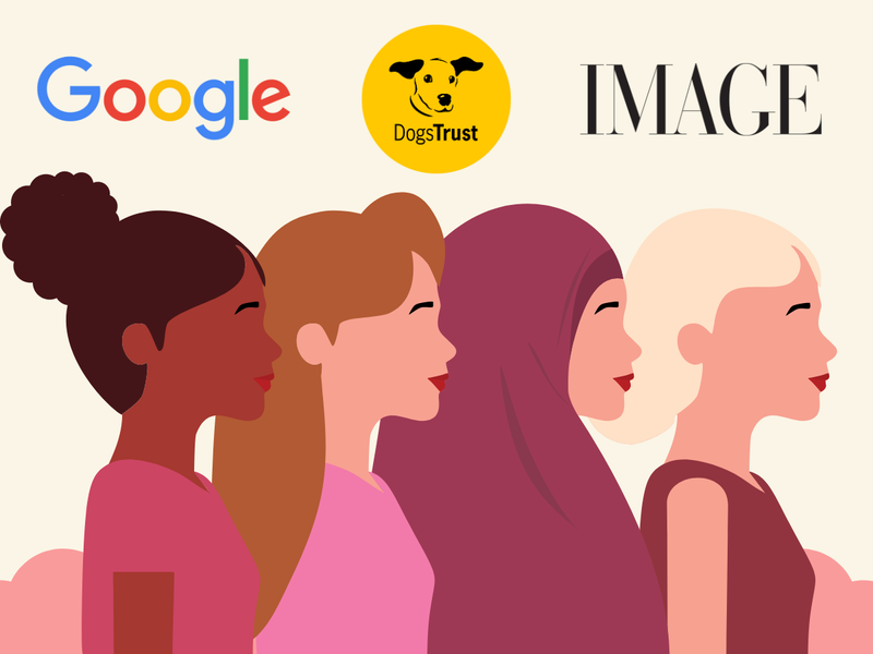 Four animated side profile females with logos for Dogs Trust, Google and Image Media