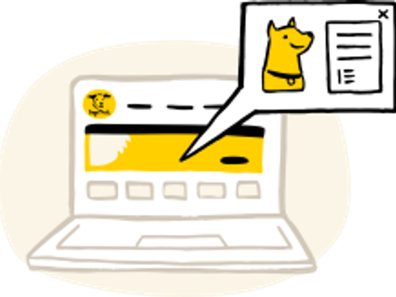 Graphic image of a laptop with a website open and a callout box showing an image of a dog