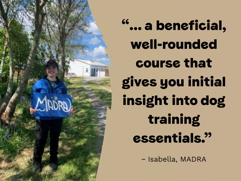 An image of a previous learner saying "... a beneficial, well-rounded course that gives you initial insight into dog training essentials." ~ Isabella, Madra